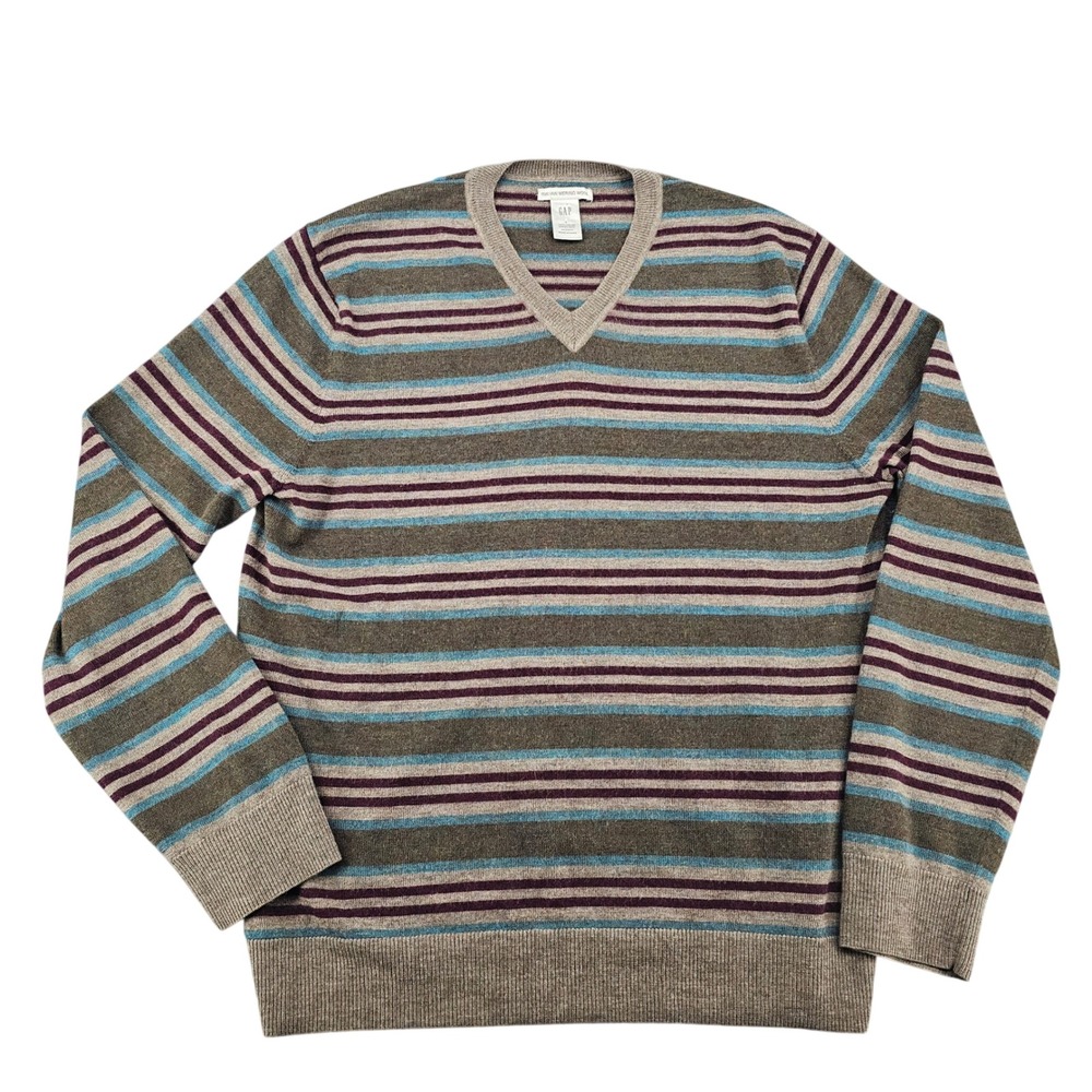 Gap Italian Merino Wool V-Neck Striped Sweater Mens Large Brown Blue HOL 08